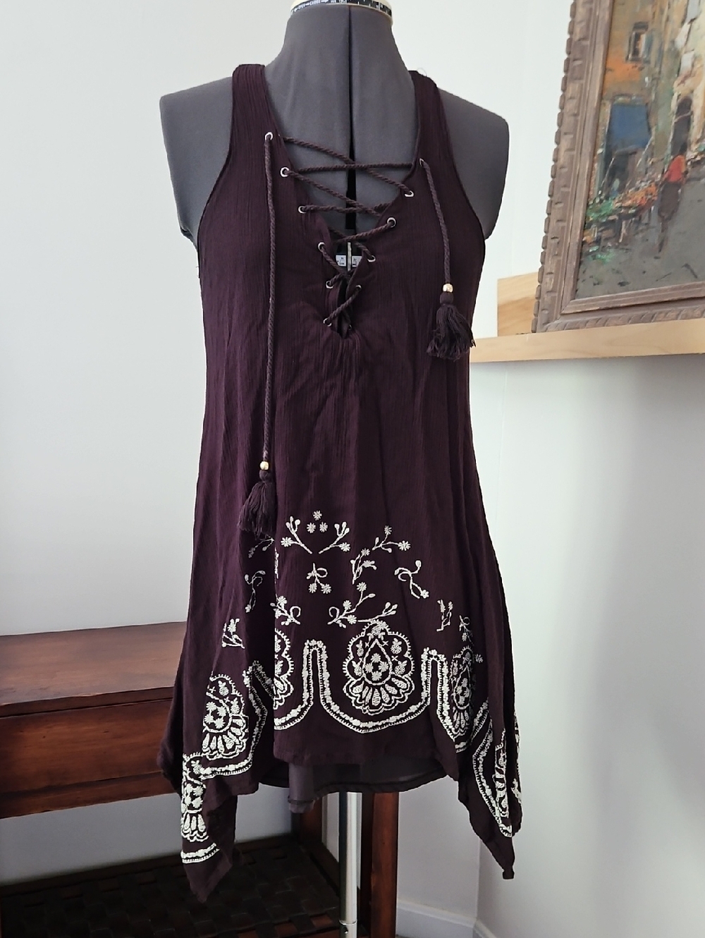 Altar'd State Deep Plum Lace-Up Embroidered Tunic Dress